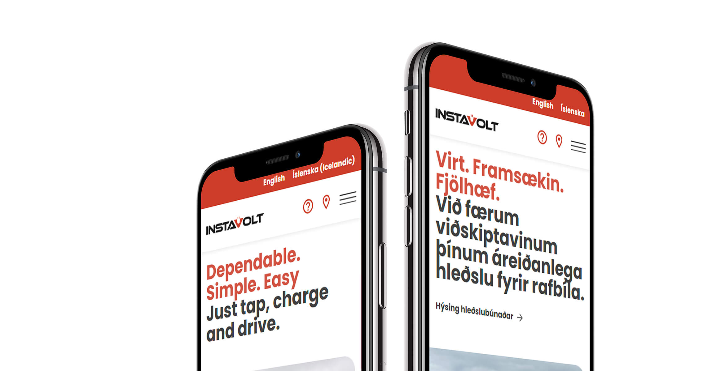 Two mobile phones showing the Instavolt site in English and then in Icelandic