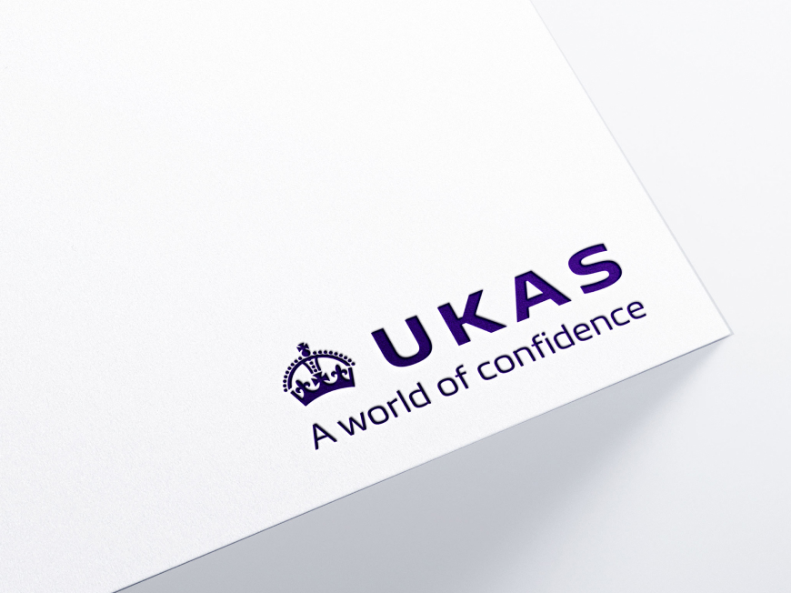 UKAS logo on corner of white paper
