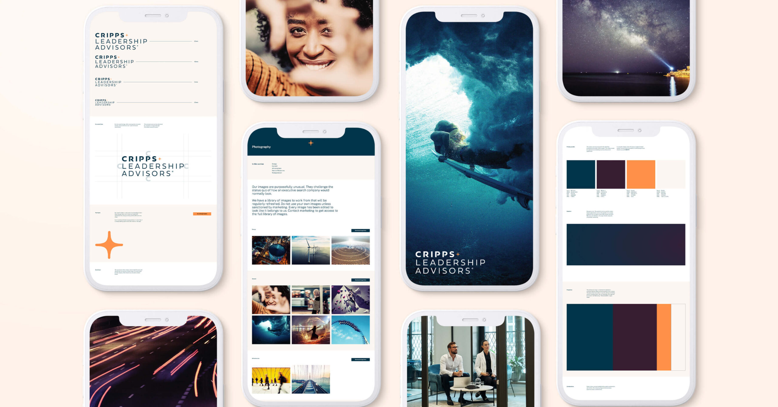 vertical isometric mobile phones showing the Cripps brand guidelines.