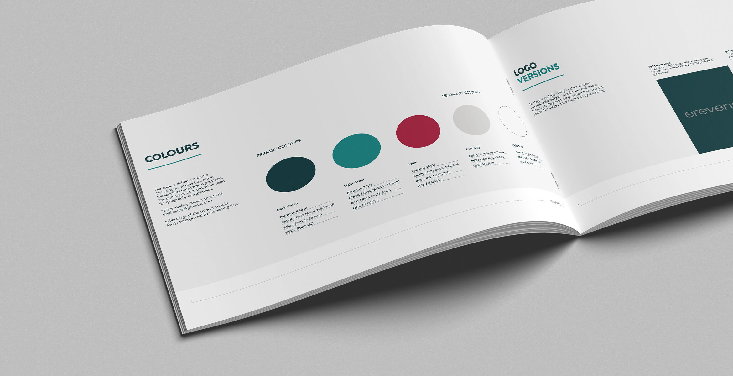 An open booklet showing a page of Erevena's brand guildelines and brand colours.