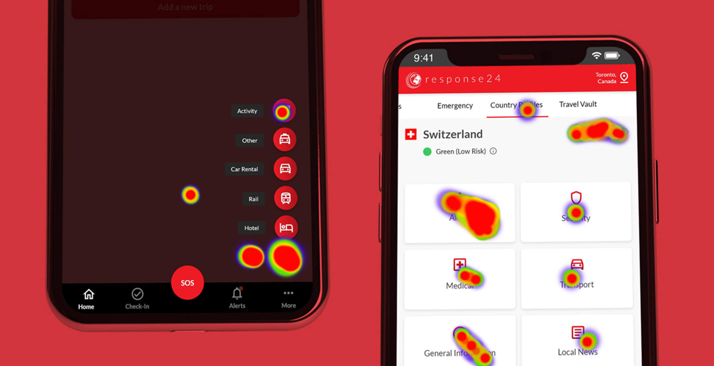 Response 24 app shown on two phones interacting with buttons heat map on the mobile UI
