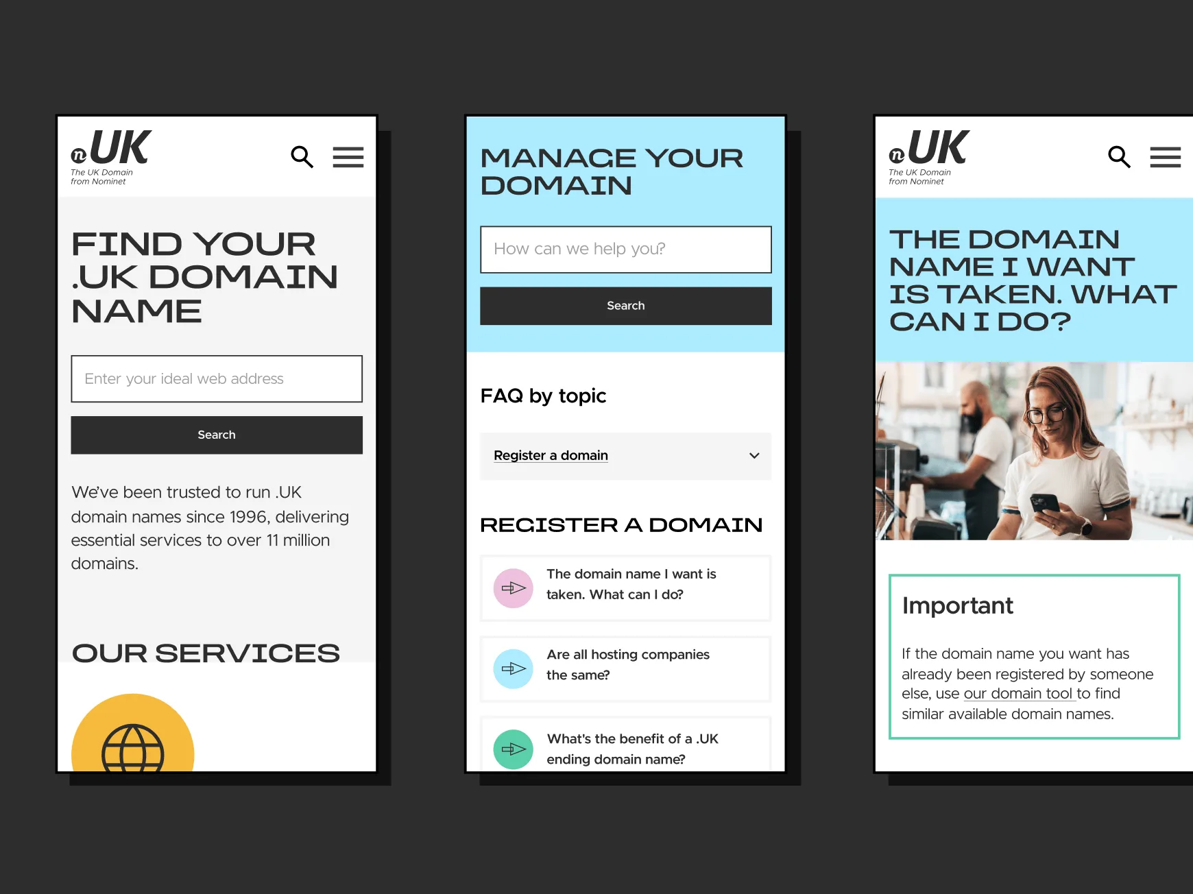 UX shown on mobile of home page through to FAQs