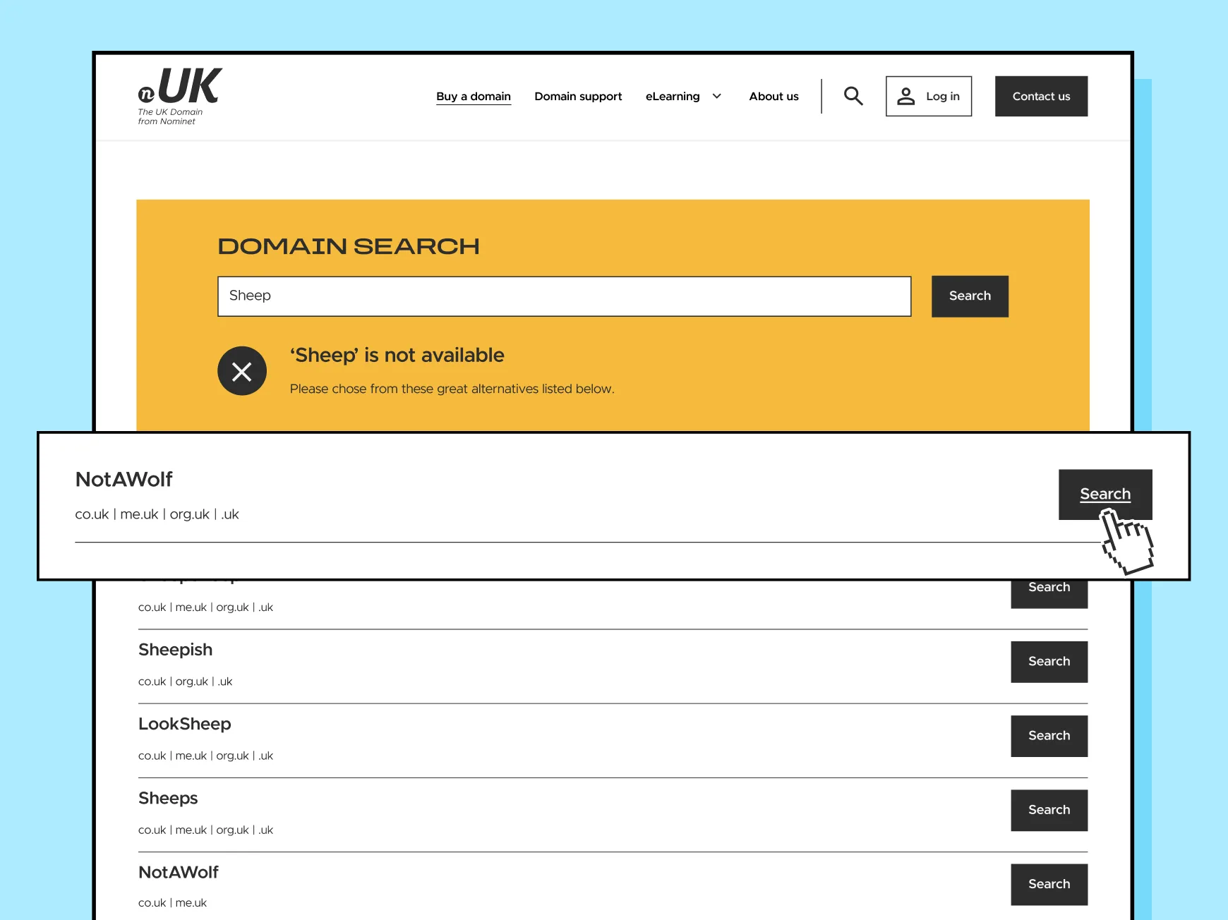 Domain search results.
