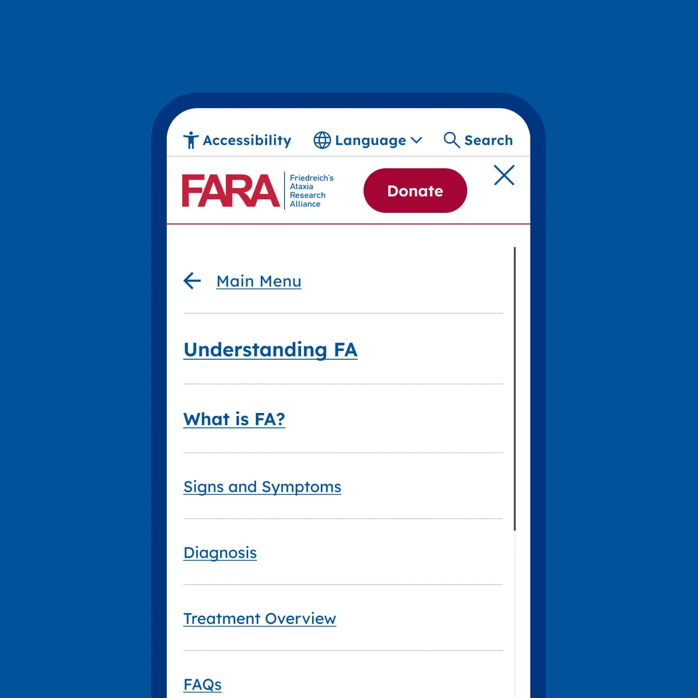 Close up of FARA website navigation on mobile device