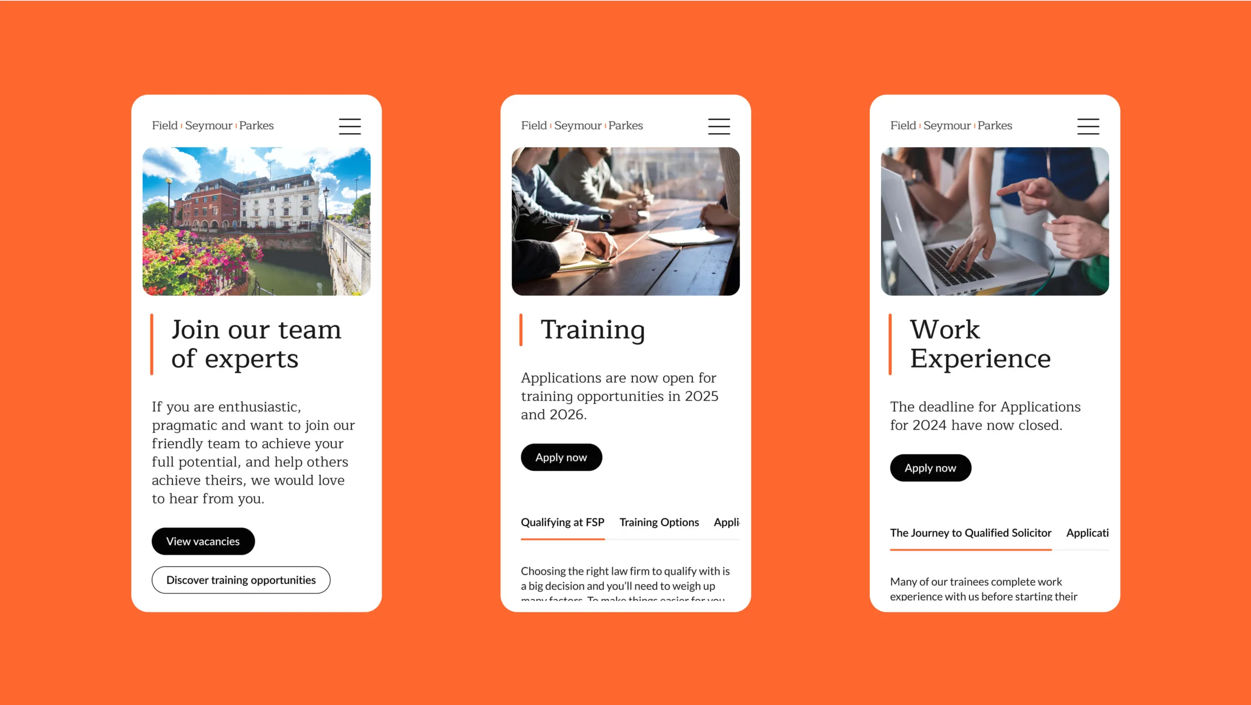 3 mobile web pages on orange background