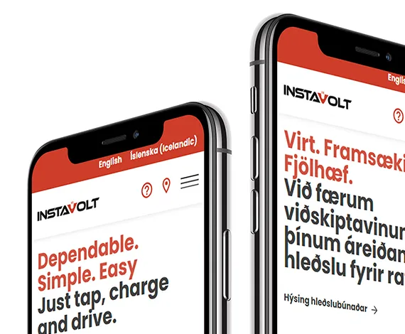 English and Icelandic versions of Instavolt home page on mobile.