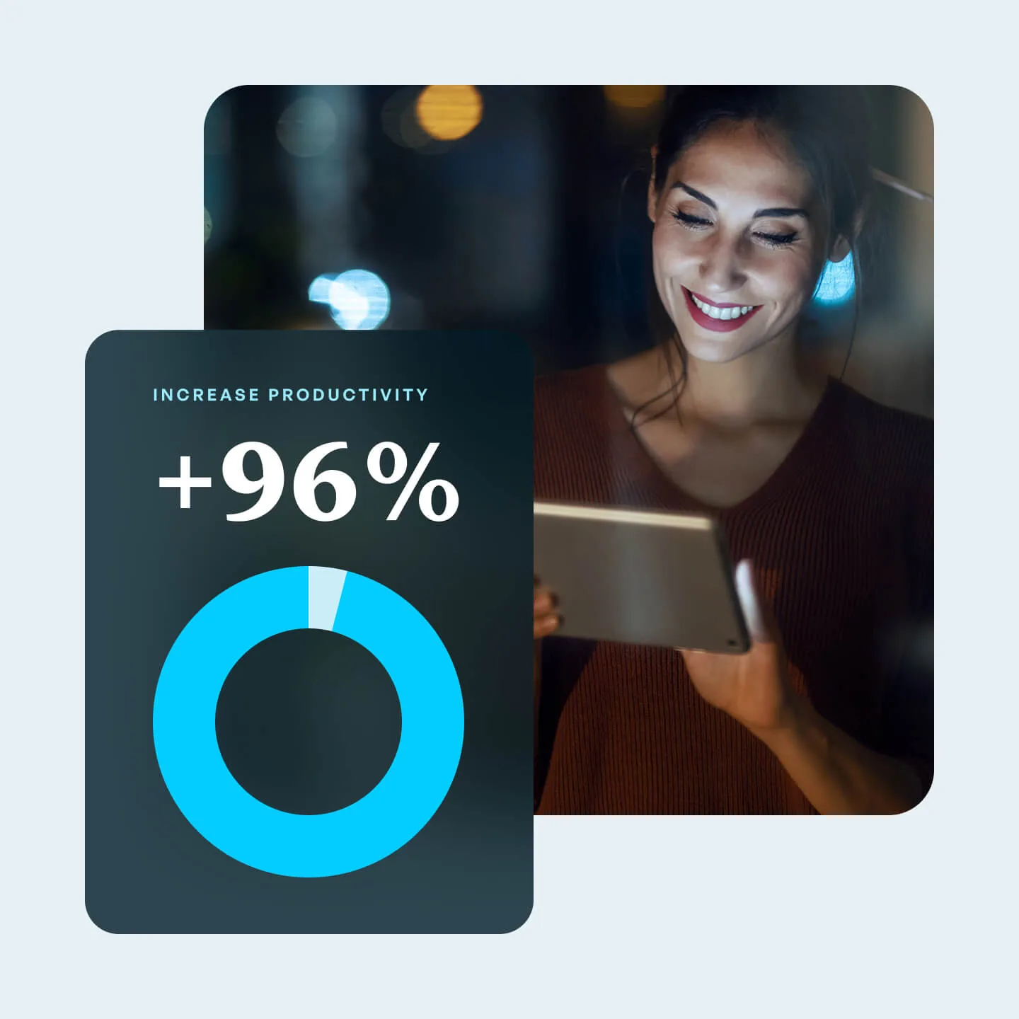 Woman holding tablet with data visual over the top