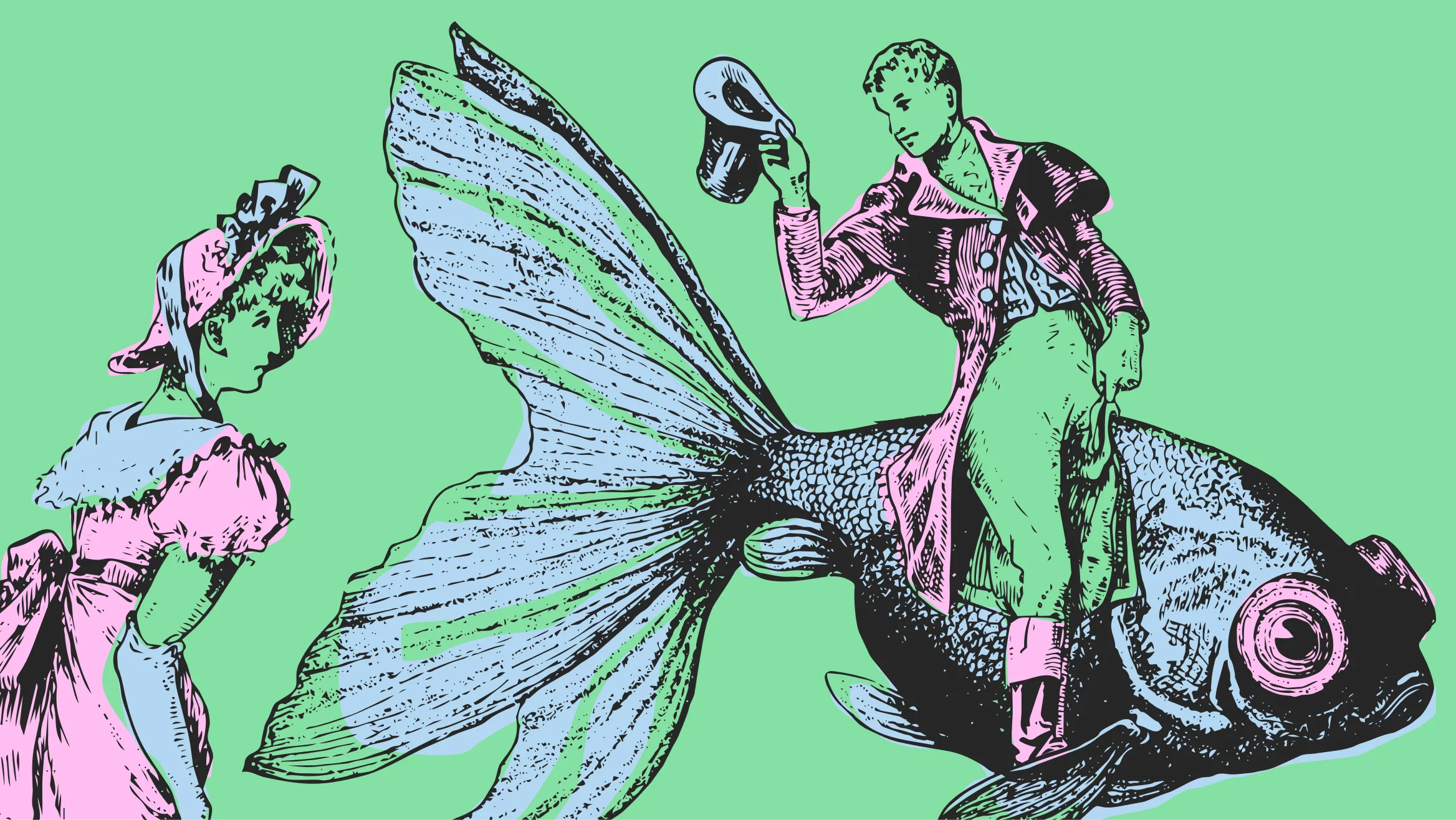 A gentleman riding a goldfish greeting an onlooking woman who seems surprised by the large goldfish.