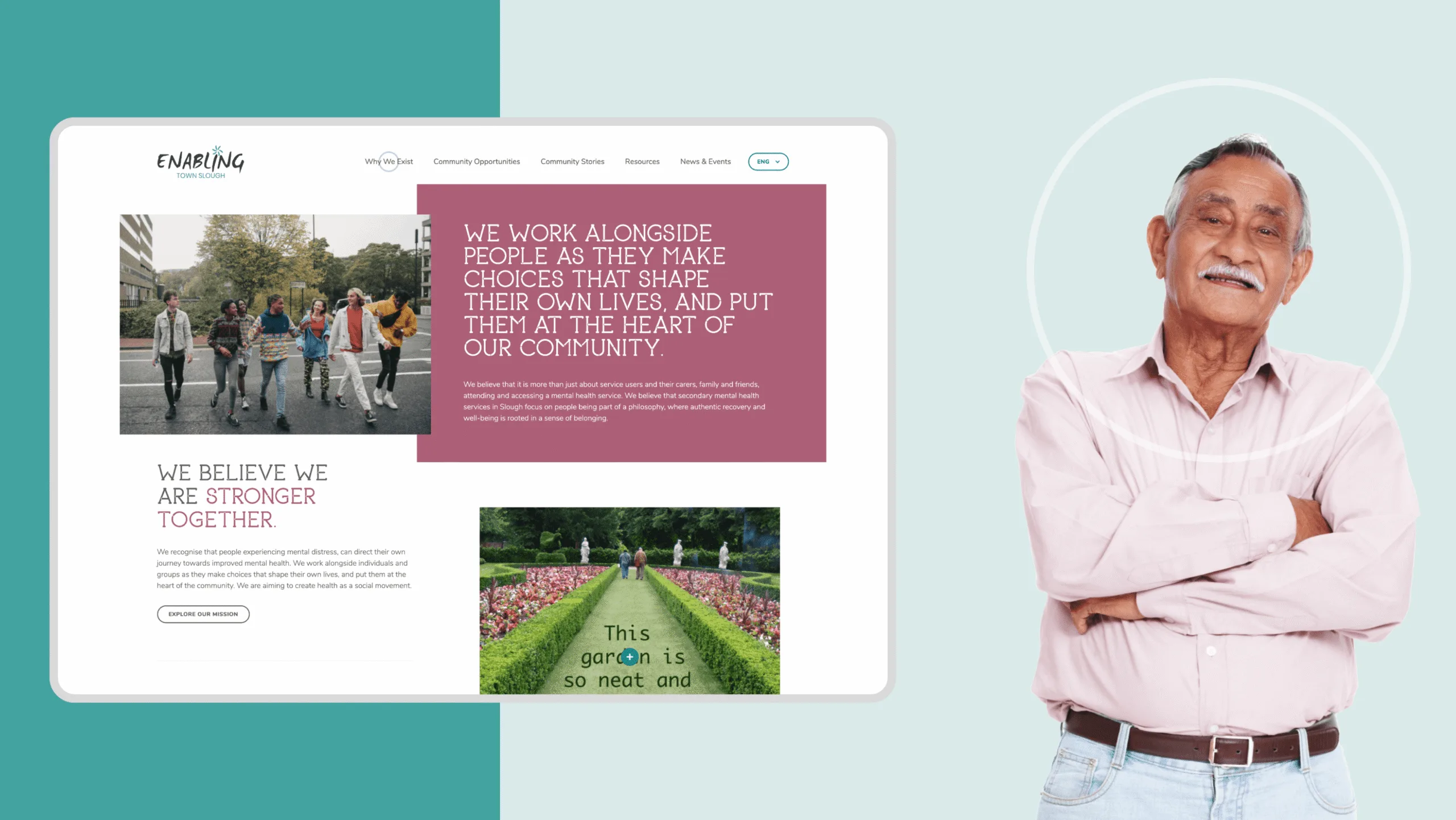 Tablet displaying homepage with man stood next to it.