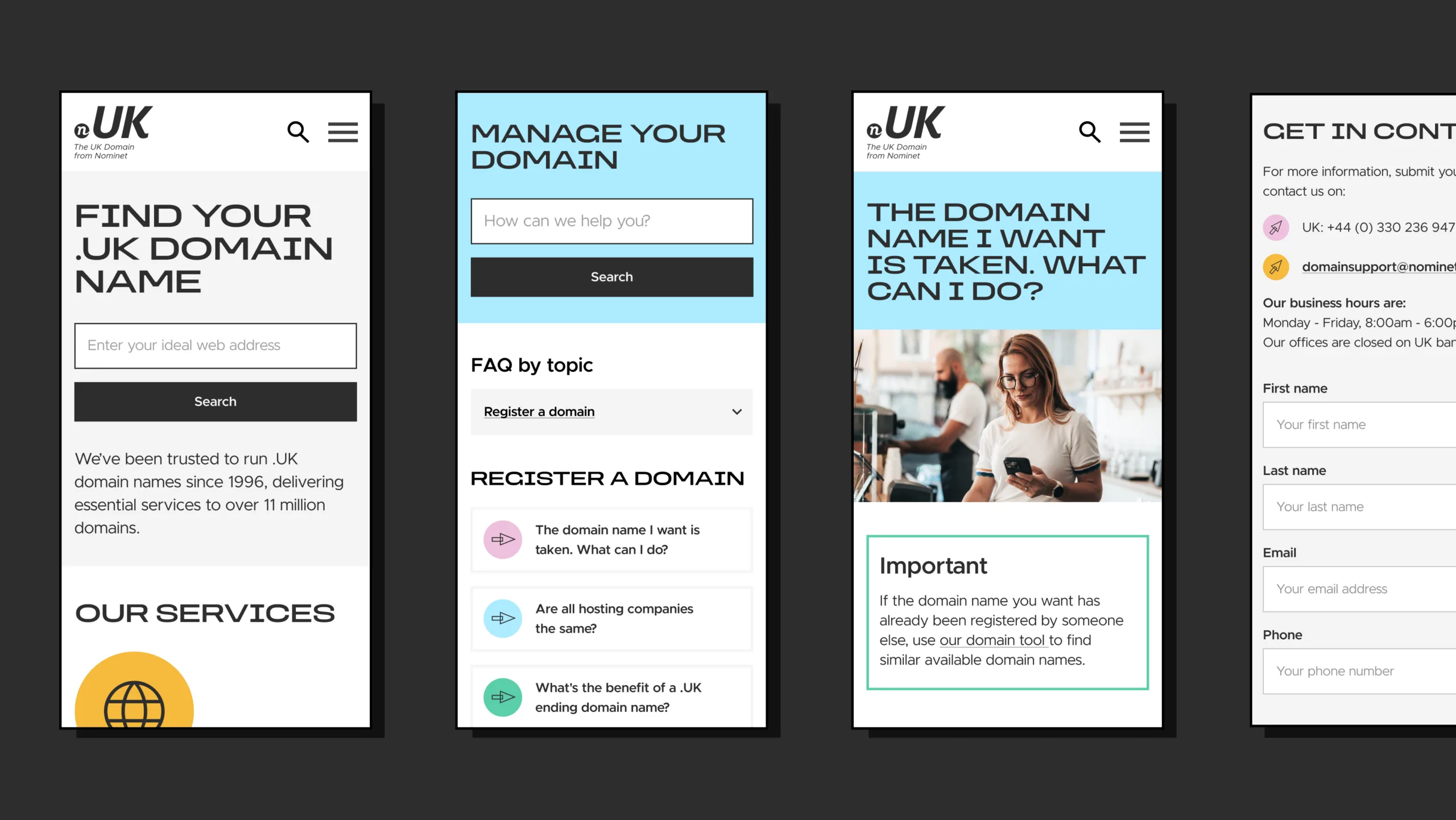 Mobile user experience from homepage to FAQs and Contact Us.