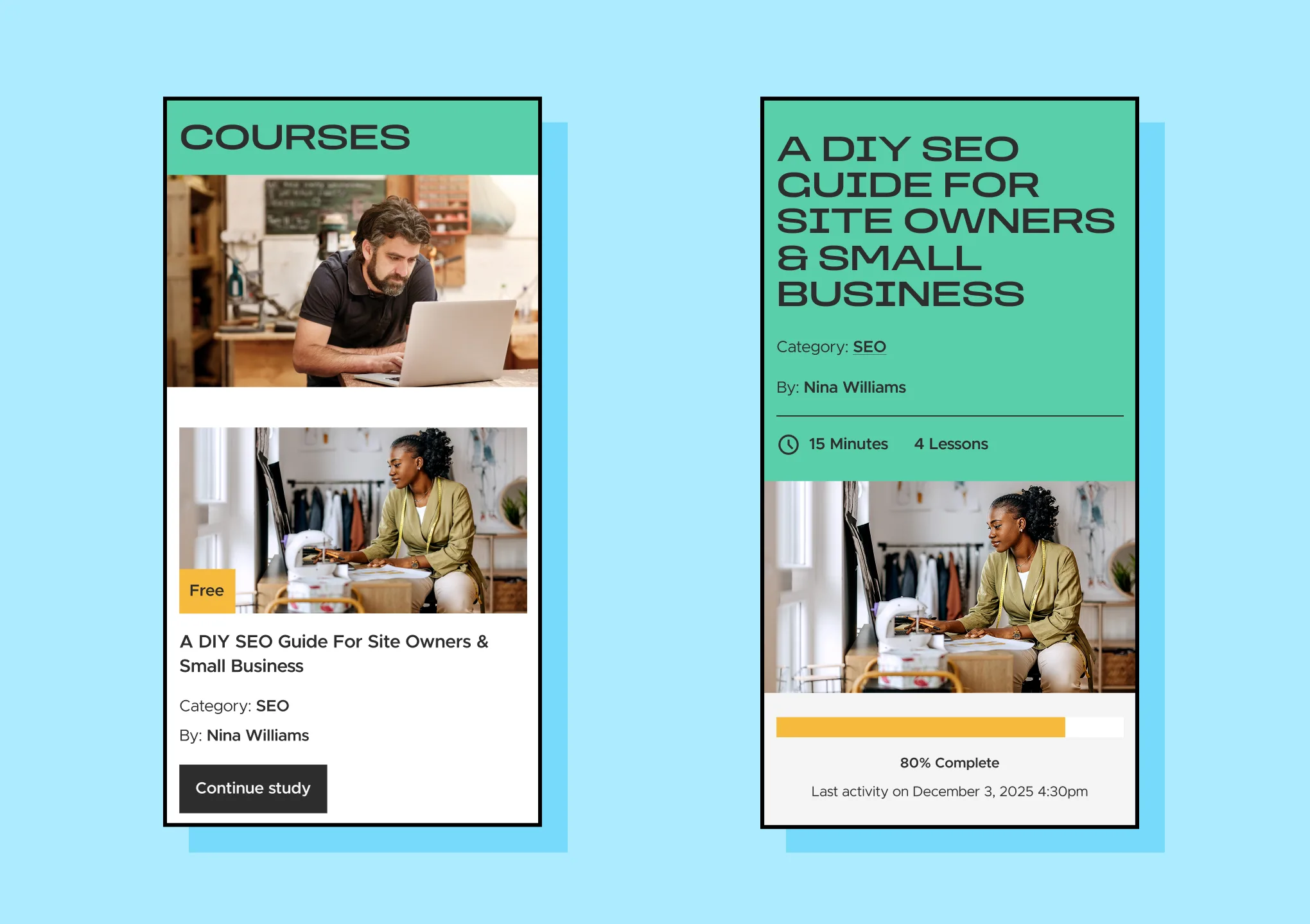 Mobile layout of courses archive and archive post page.