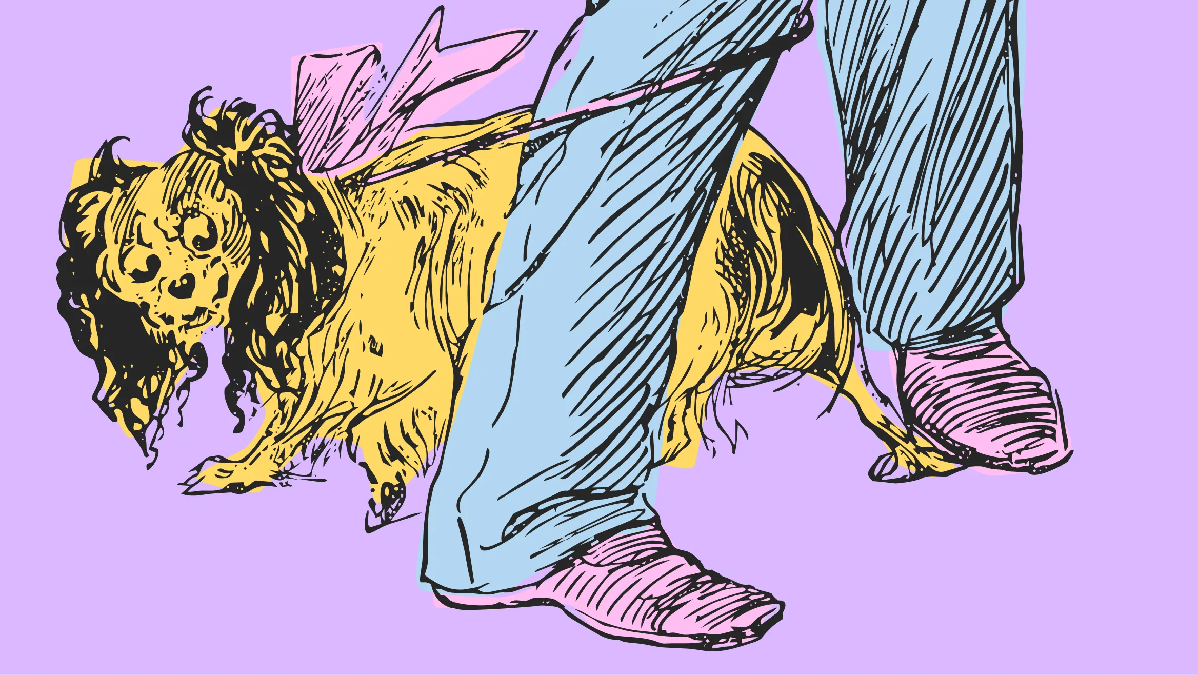 Man and dog tangled up by a lead.