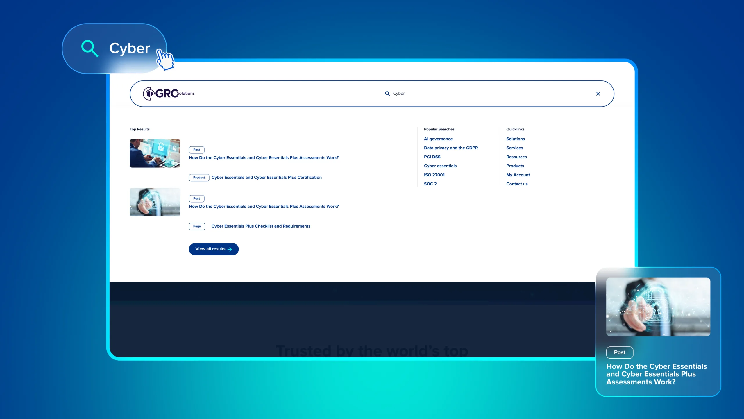Showcasing the search on the GRC Solutions website.