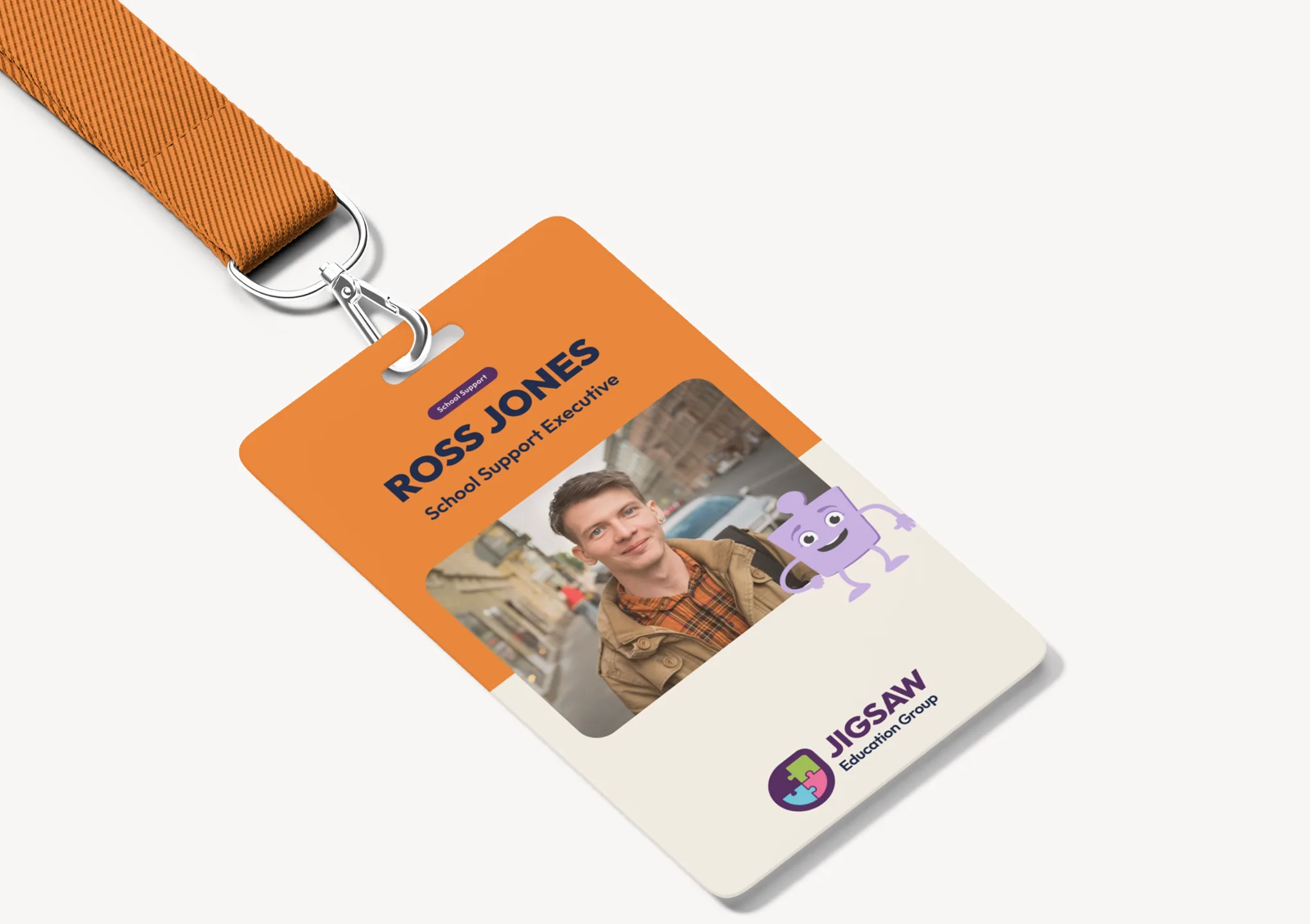 Showing a lanyard with the Jigsaw branding