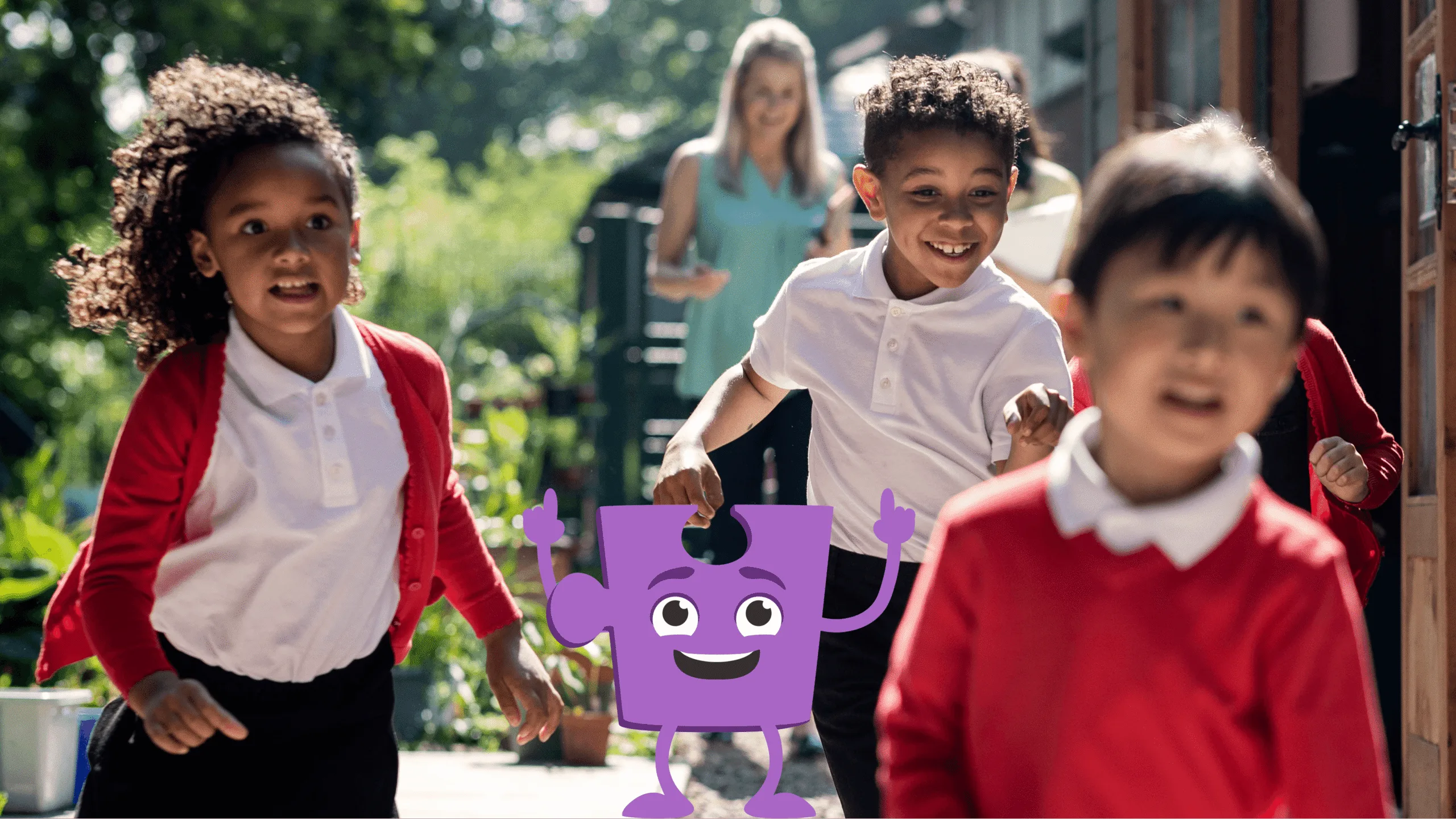 A group of school kids running with a Jigsaw Character