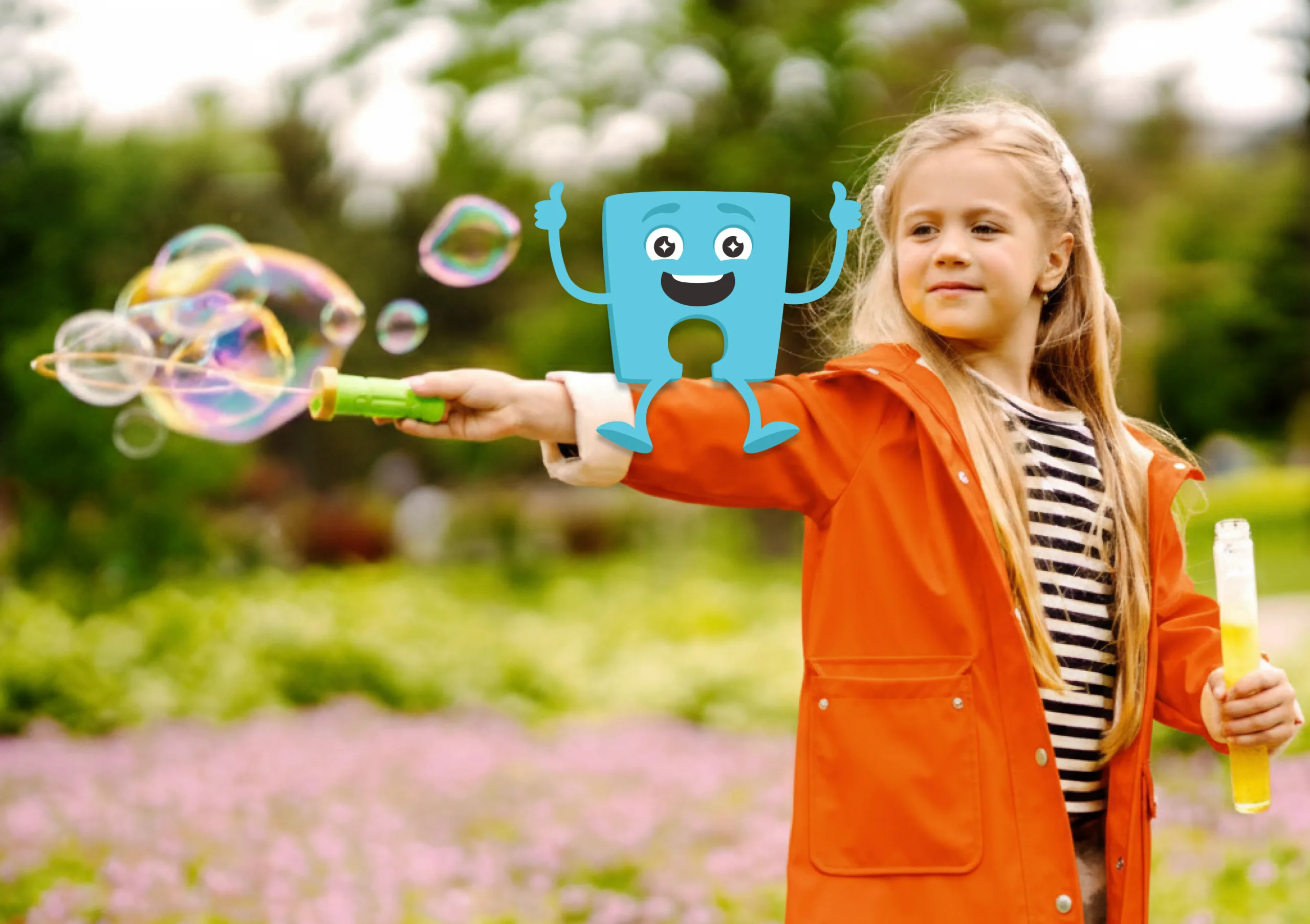 A girl creating bubbles with a Jigsaw character sitting on her arm.