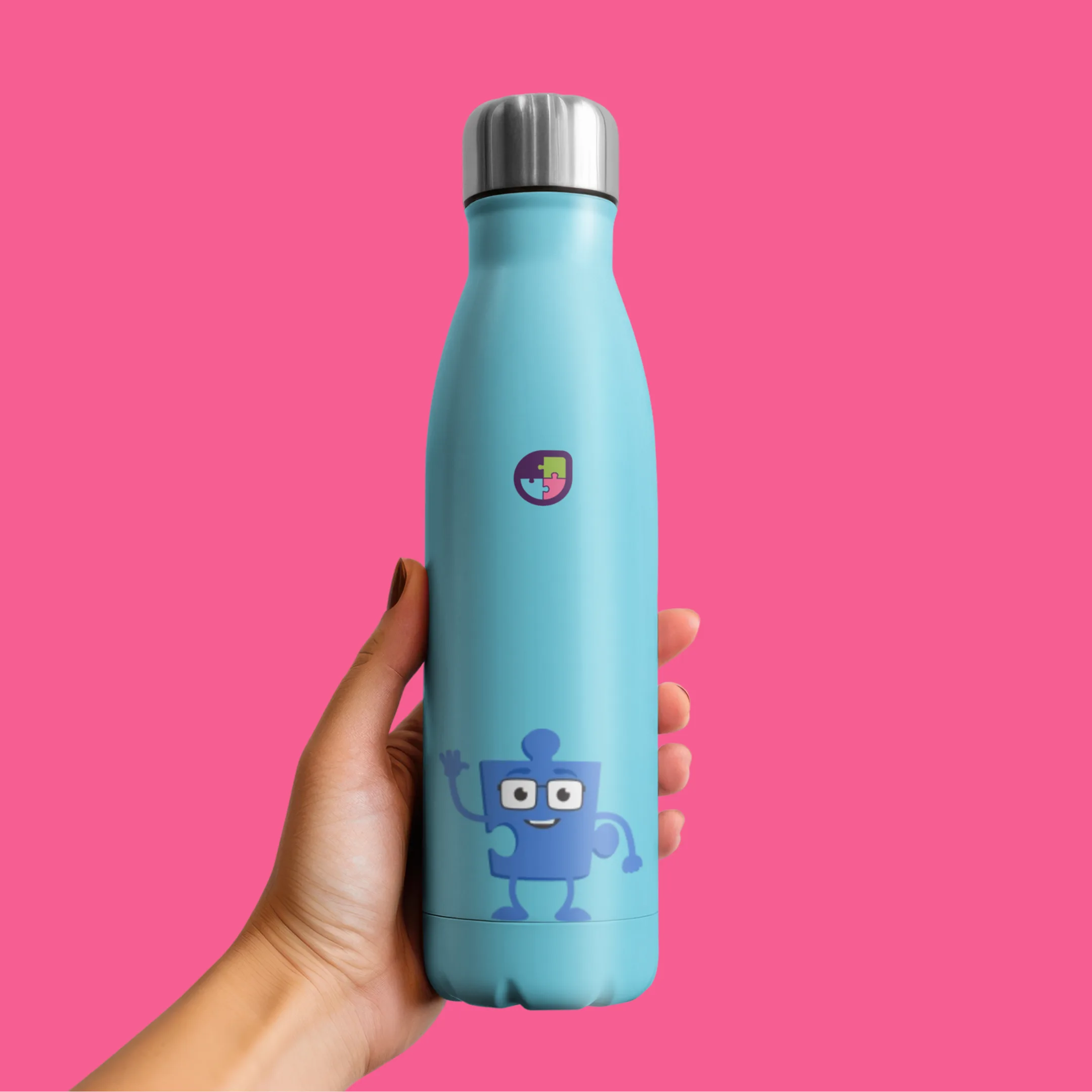 A water bottle showing the Jigsaw branding