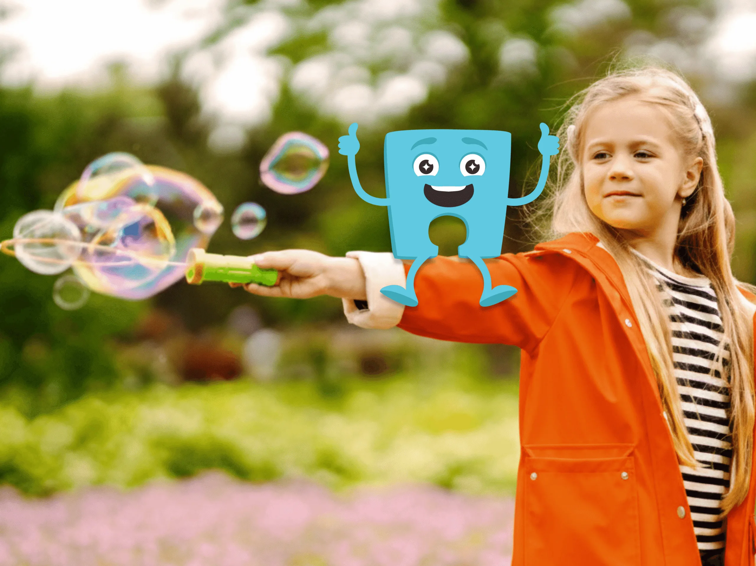 A girl creating bubbles with a Jigsaw character sitting on her arm.
