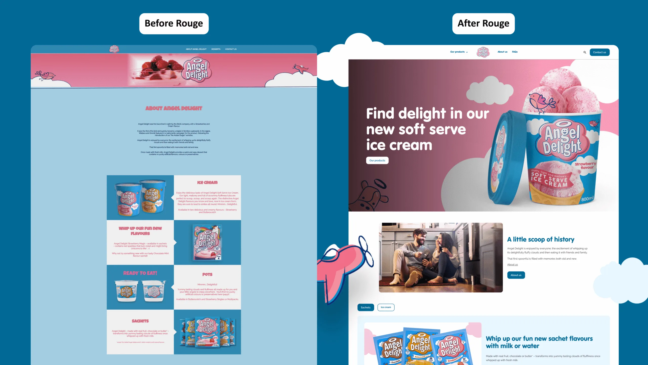 Before and after of Angel Delight website.