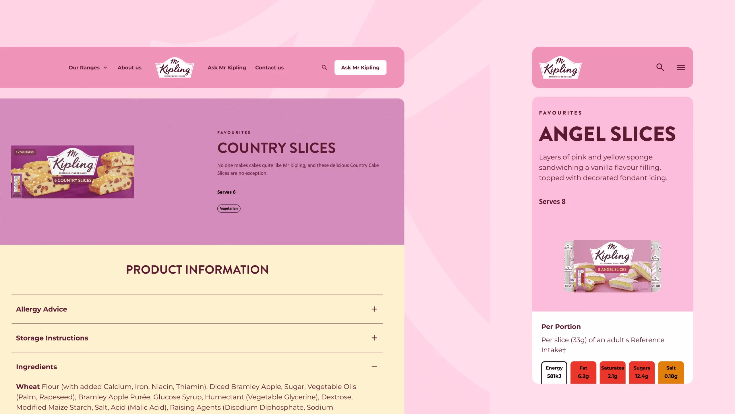 Mr Kipling, desktop and mobile of different product pages.