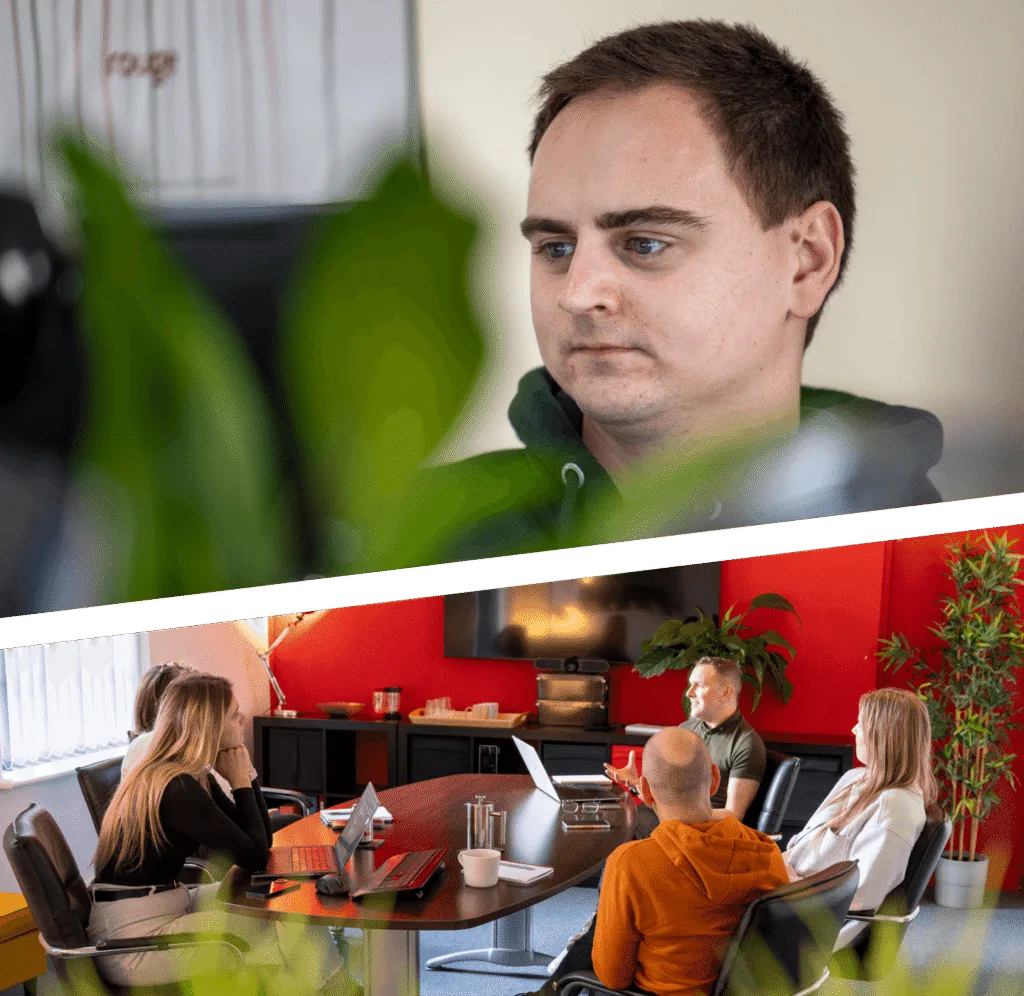 Split image. Man working. View of meeting.