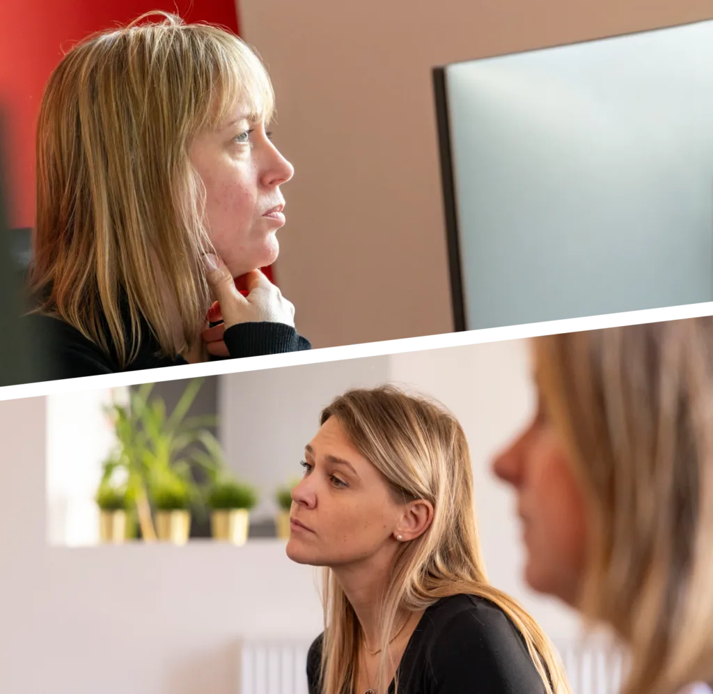 Split image. Image 1: Woman looking at computer. Image 2: Woman listening in meeting.
