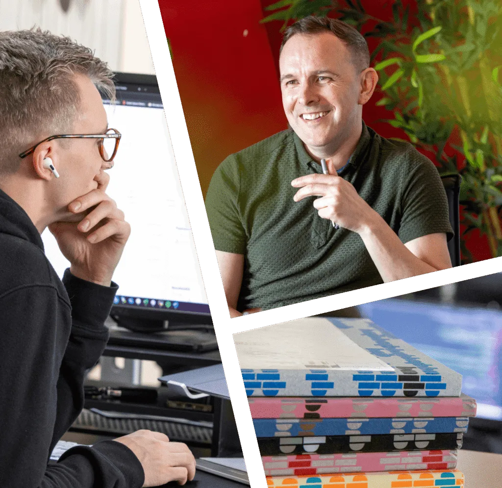 Split of three images. Left most image of a man working. Top most image is a man smiling in a meeting at someone off camera. Book stack.