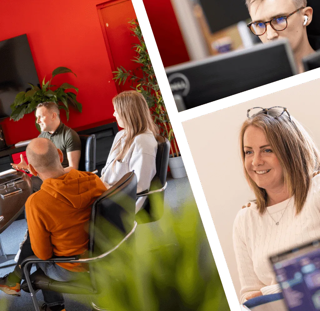 Split of three images. Left image, of three people in a meeting. Top of a man working on a computer. Woman smiling in meeting looking at something off camera.